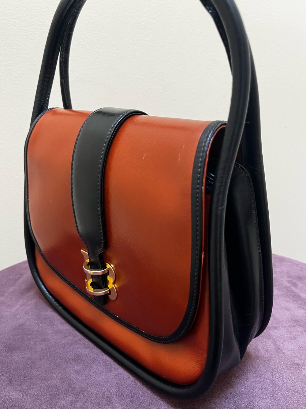 Bally Vintage 1980s Brown & Black Leather Top Handle Bag B Logo Clasp - Picture 11 of 16